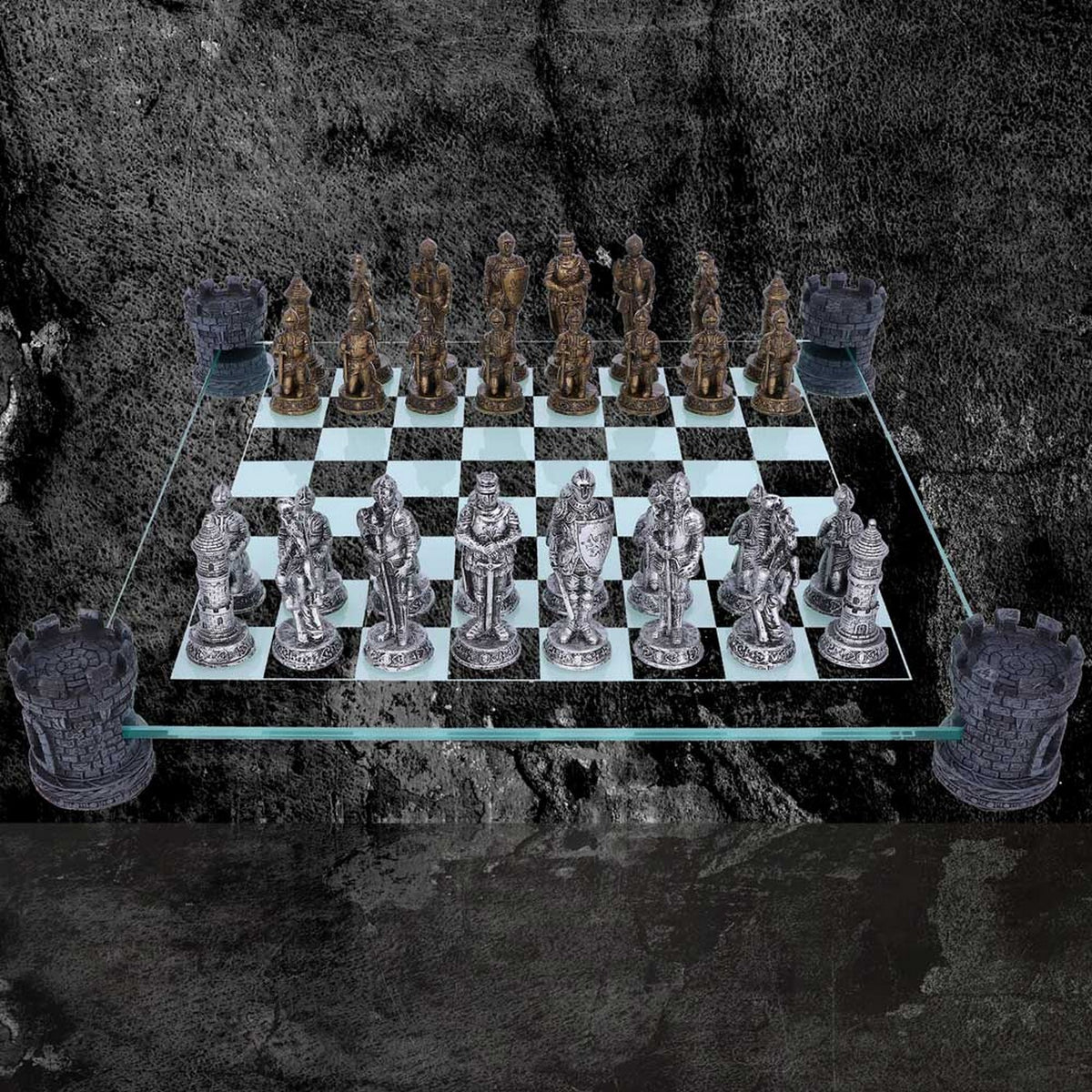 Raised Medieval Knight Chess Set With Corner Towers 43cm D1824E5