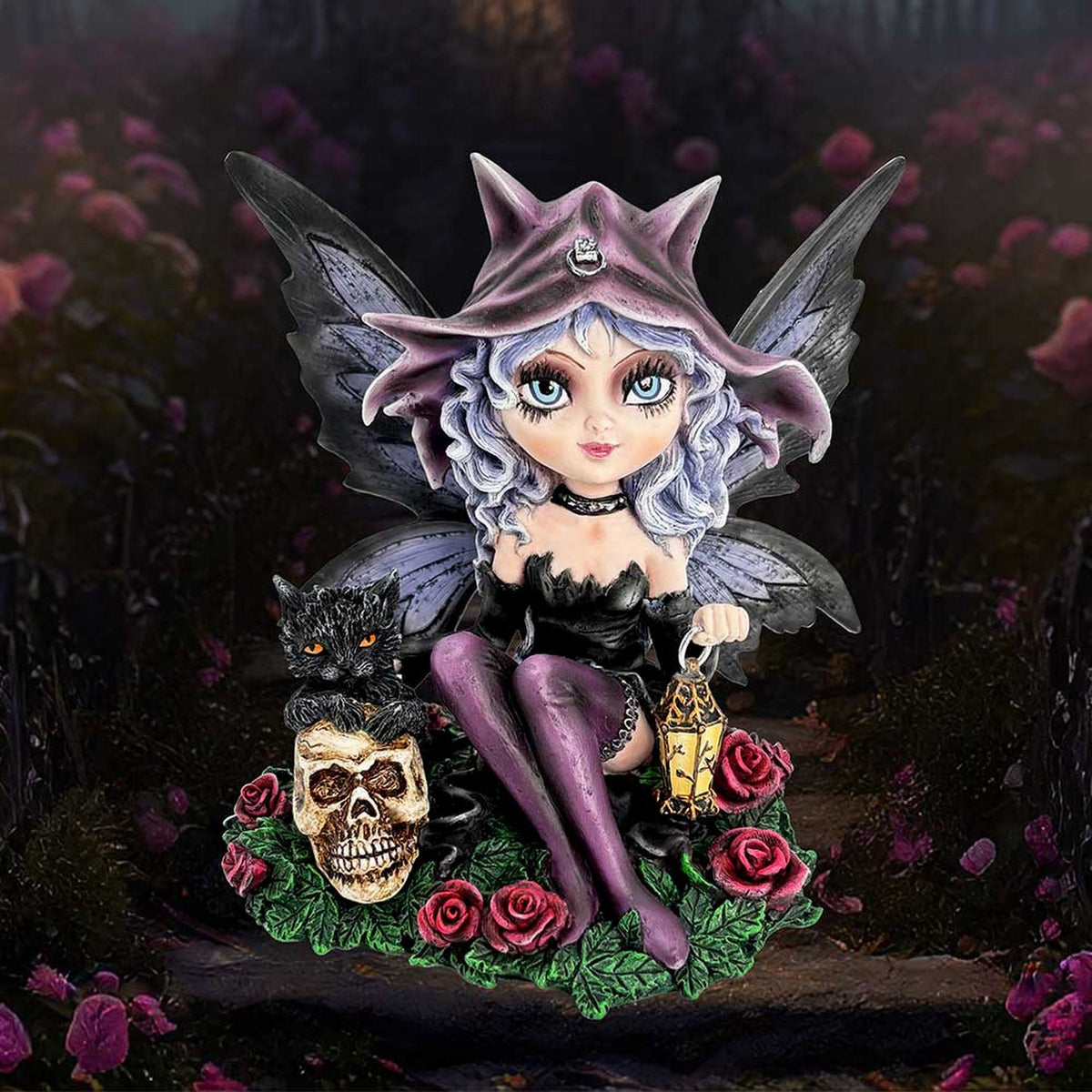 Midnight Fae Gothic Fairy with Cat Figurine D6987A25