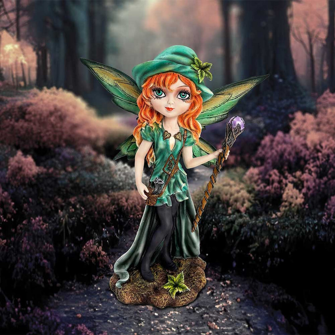 Forest Fae Fairy with Jewel Staff and Dragon Figurine D6988A25