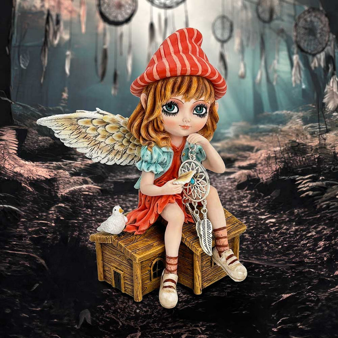 Autumn Fae Fairy Figurine with Dream Catcher and Bird D6990A25