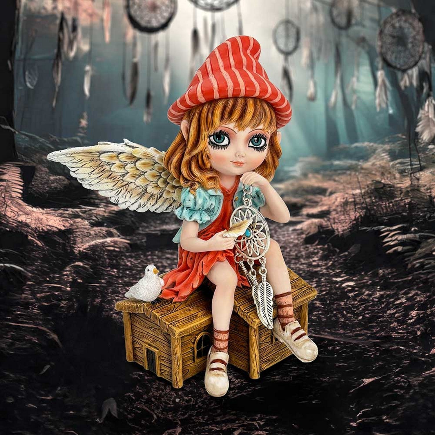 Autumn Fae Fairy Figurine with Dream Catcher and Bird D6990A25