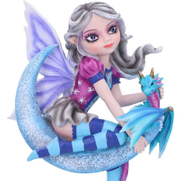 Lunar Fae Fairy Figurine with Dragon on Crescent Moon D6991A25