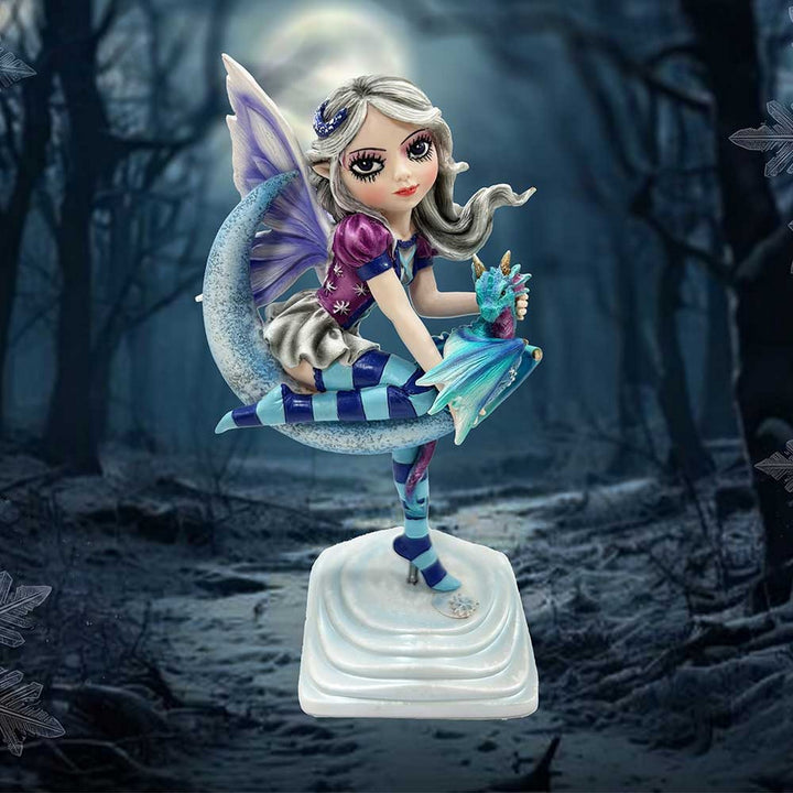 Lunar Fae Fairy Figurine with Dragon on Crescent Moon D6991A25