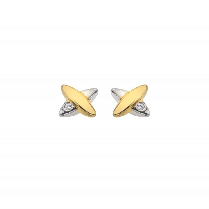 Pair of gold and silver earrings with small diamonds 