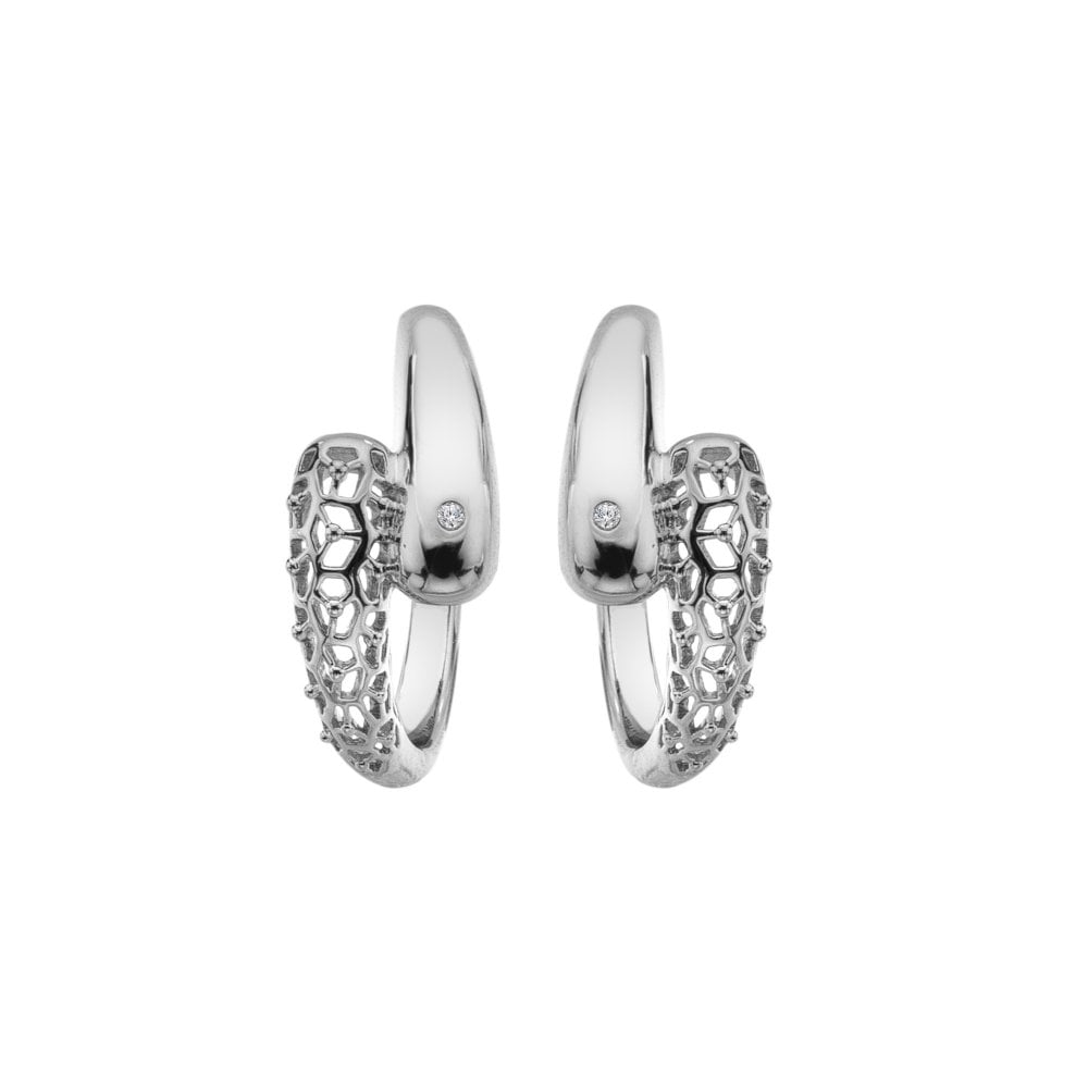 Pair of silver hoop earrings with intricate designs 