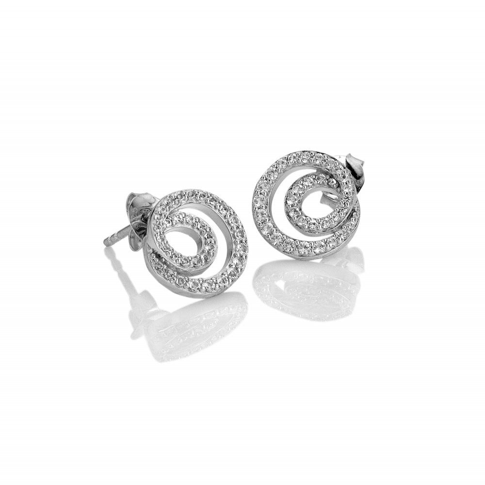 Pair of silver spiral earrings with clear stones 