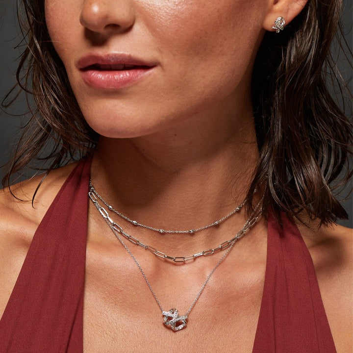 Close-up of a woman wearing a silver necklace and earring 