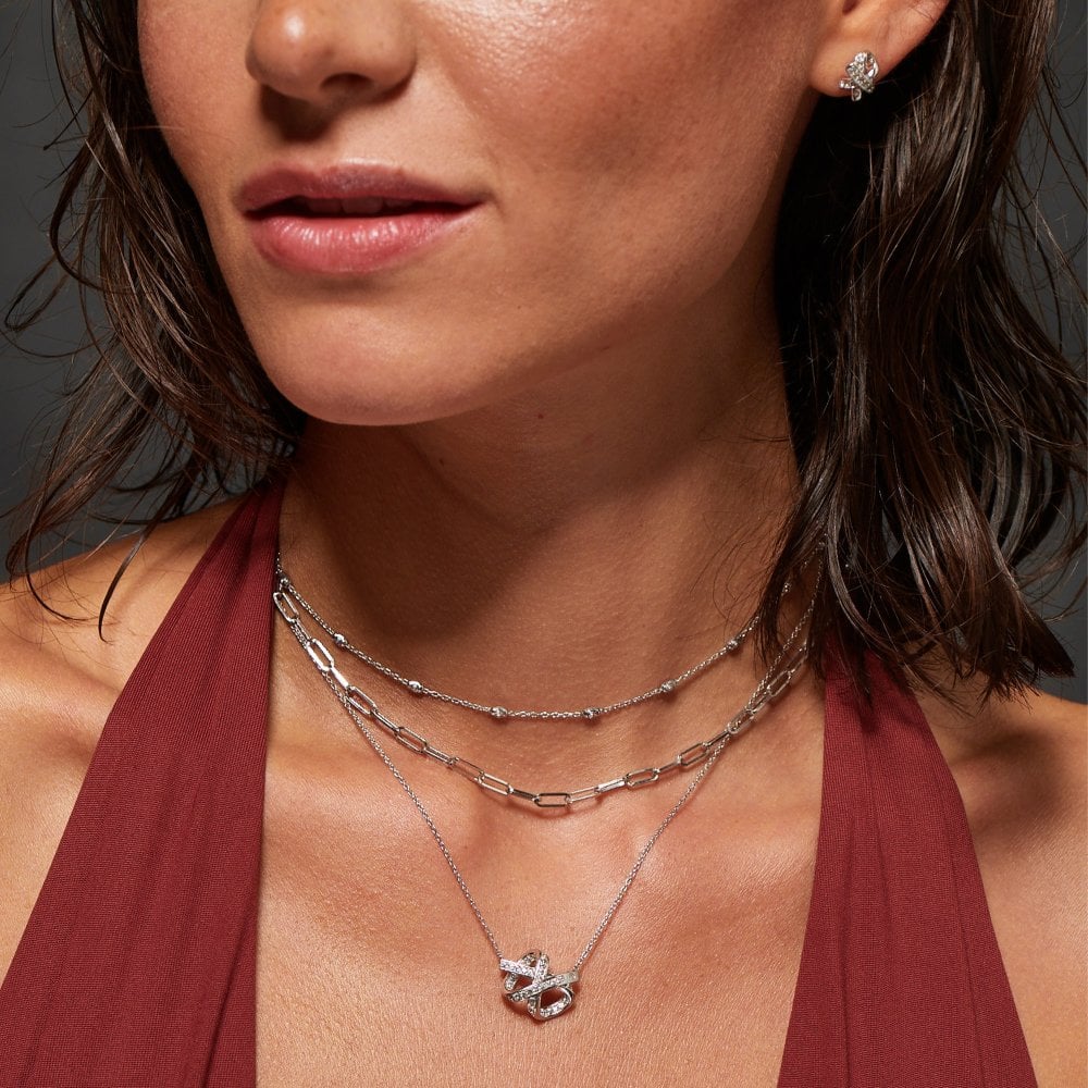 Close-up of a woman wearing a silver necklace and earring 