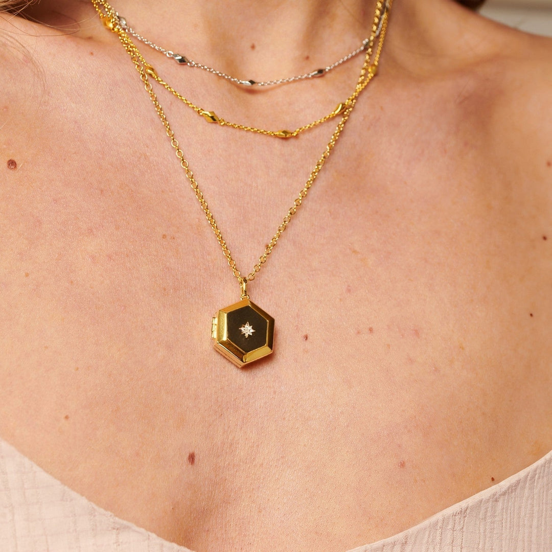 HD x Gold Plateden Edit Sterling Silver 18ct Gold Plated Hexagon Locket DP1102