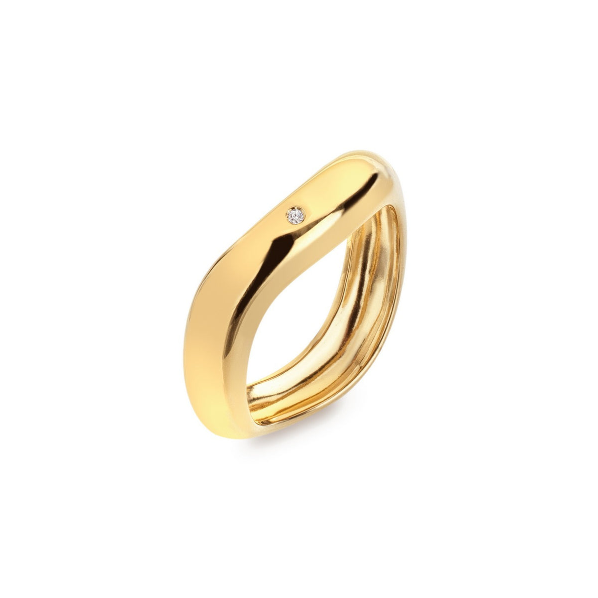 Gold ring with a small diamond on a white background