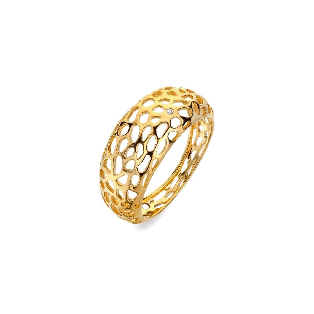 Gold ring with a unique design on a white background