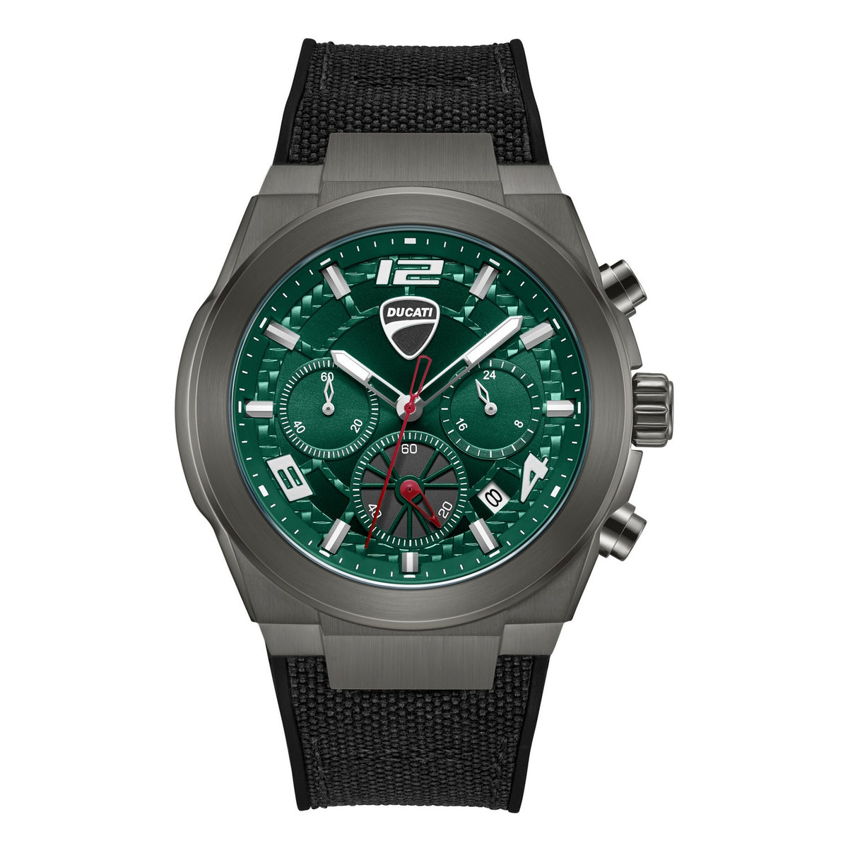 Green watch with black strap on a white background