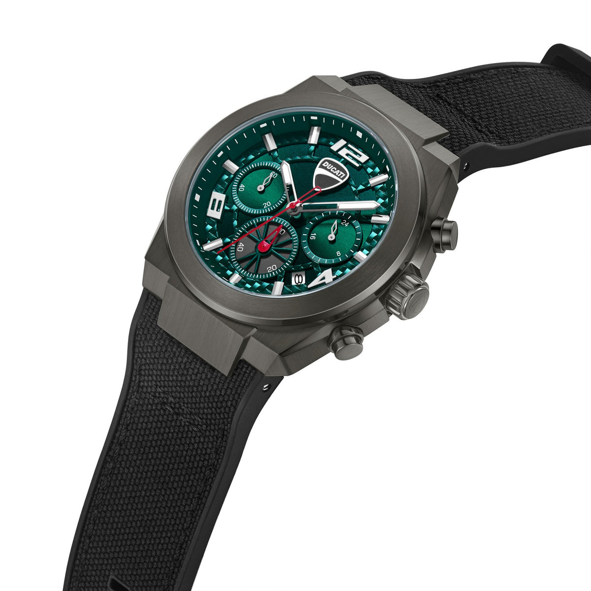 Watch with green dial and black strap on a white background