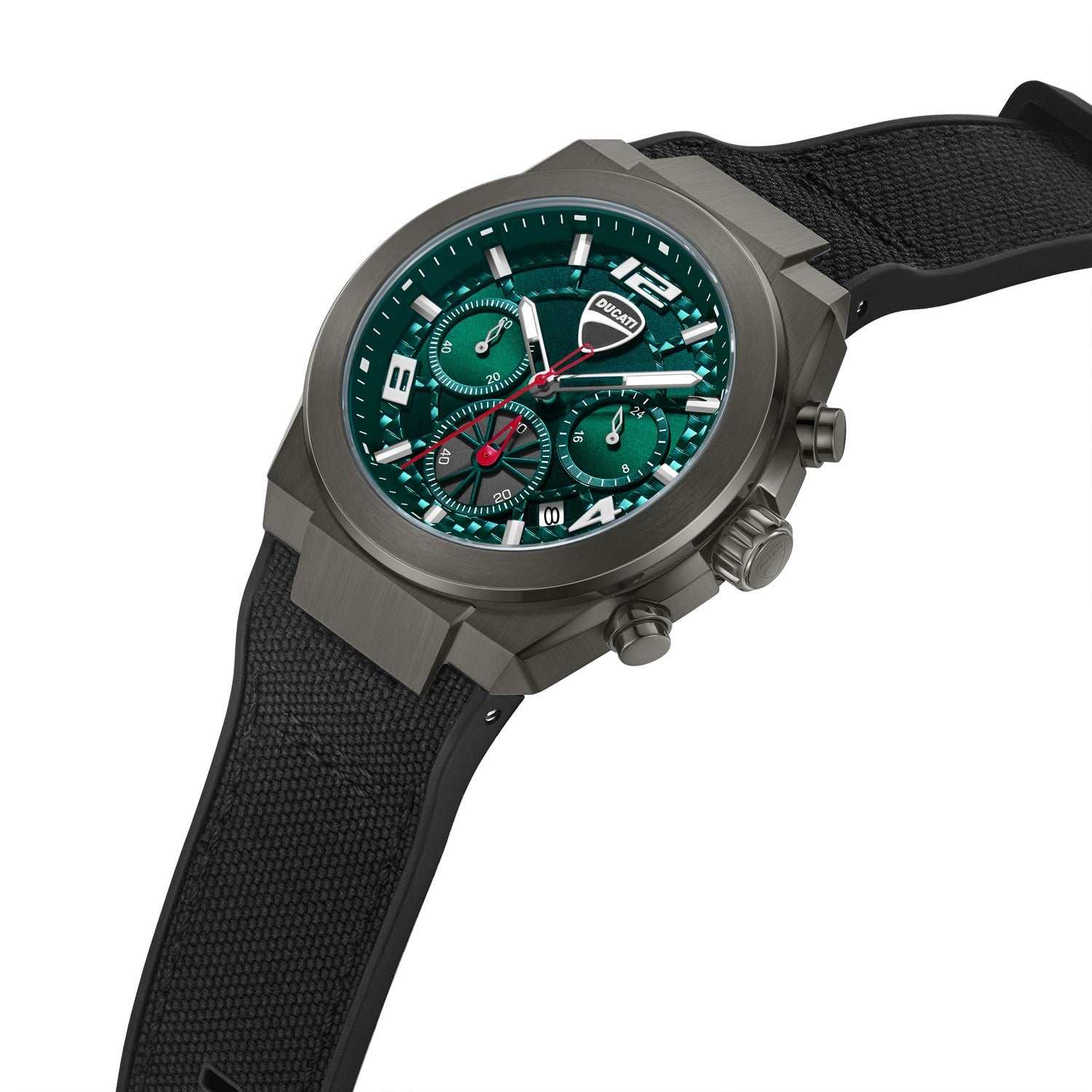 Green watch with black strap on a white background