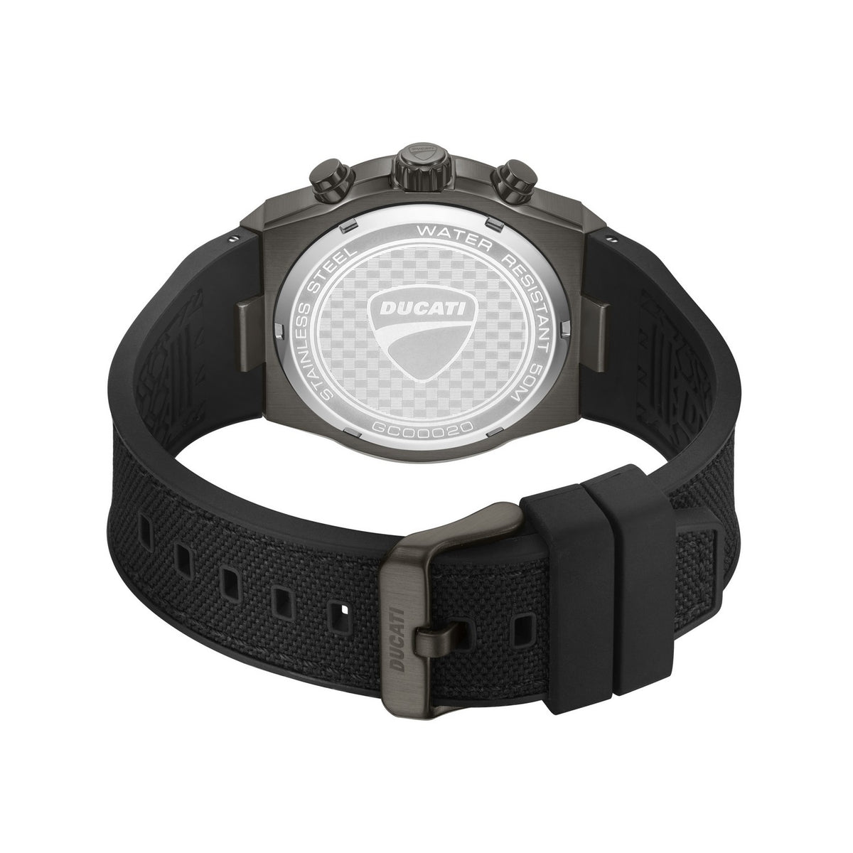Black Ducati watch with red stitching on a white background