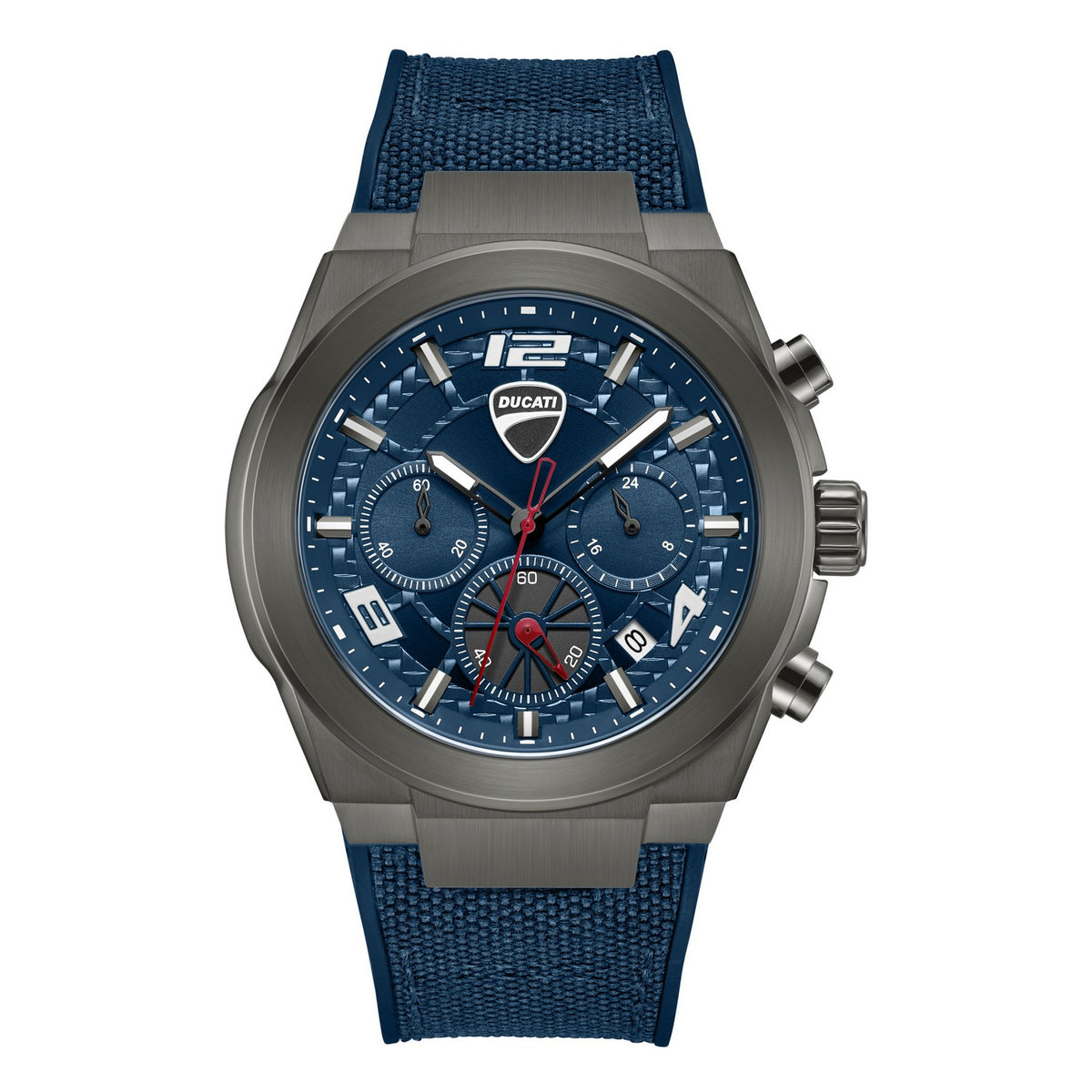 Wristwatch with blue strap and blue dial on a white background