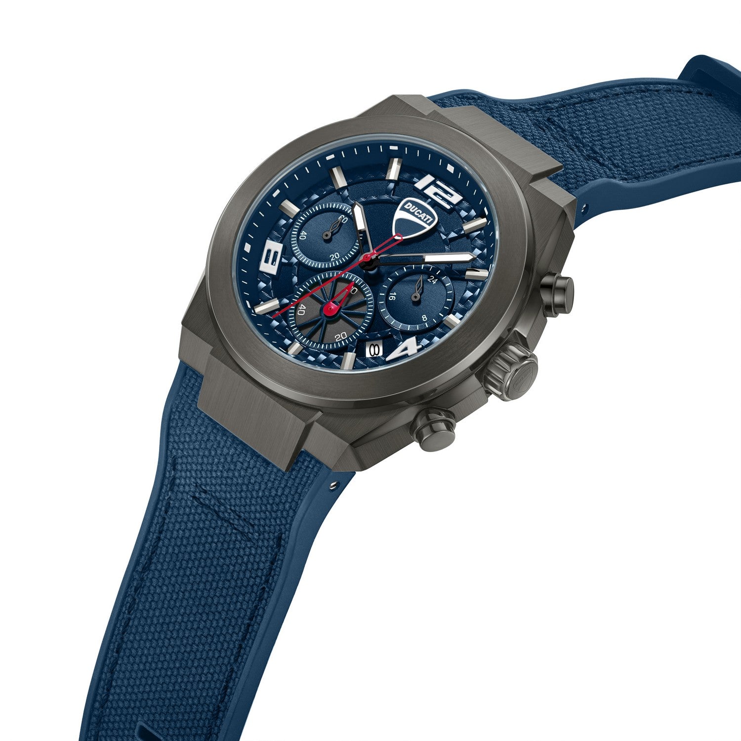 Wristwatch with blue strap and blue dial on a white background