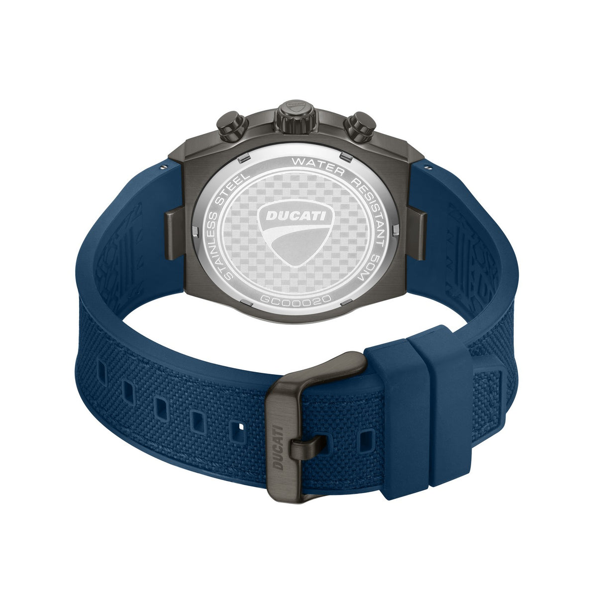 Black Ducati watch with red stitching on a white background
