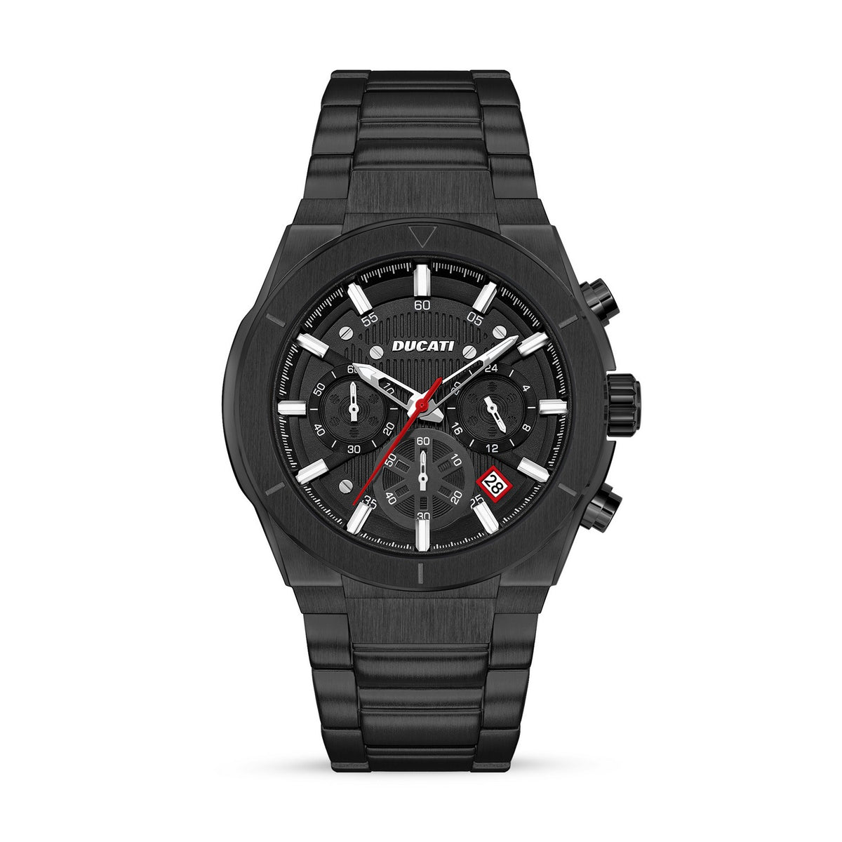 Black Ducati watch with detailed face on a white background