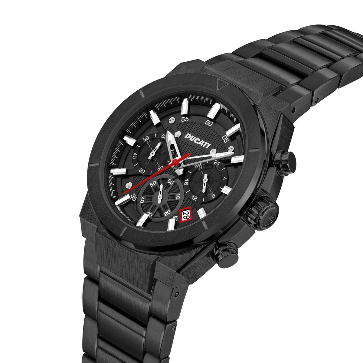 Black Ducati watch with a detailed face on a white background