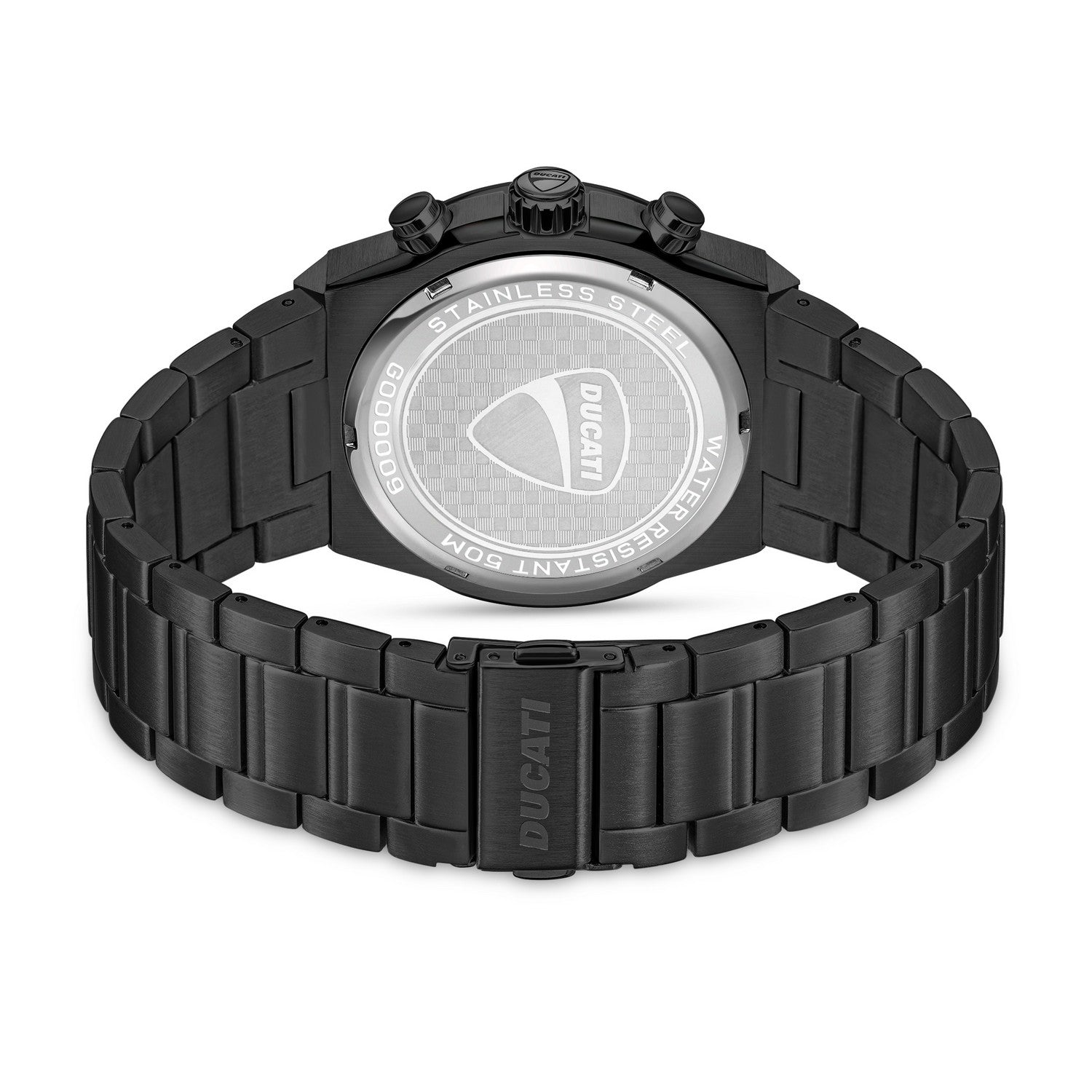 Black Ducati watch with metallic band on a white background