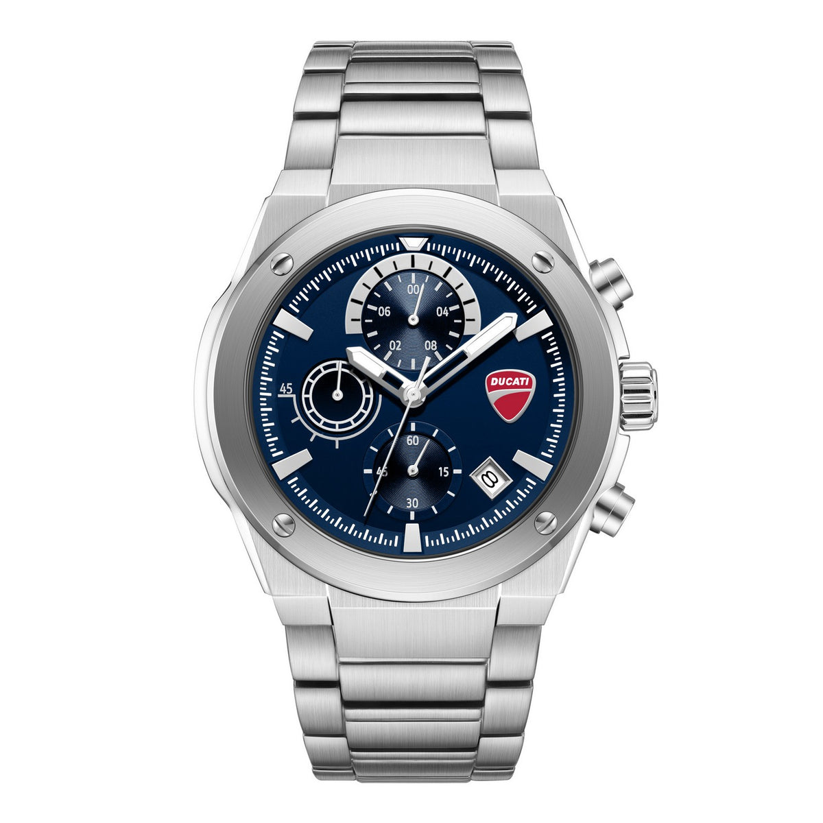 Silver watch with a blue dial on a white background