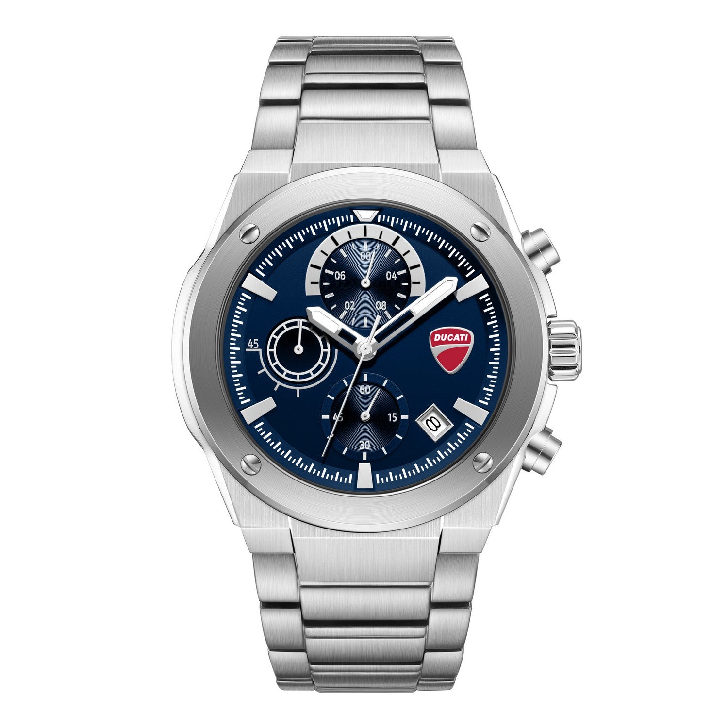 Silver watch with a blue dial on a white background