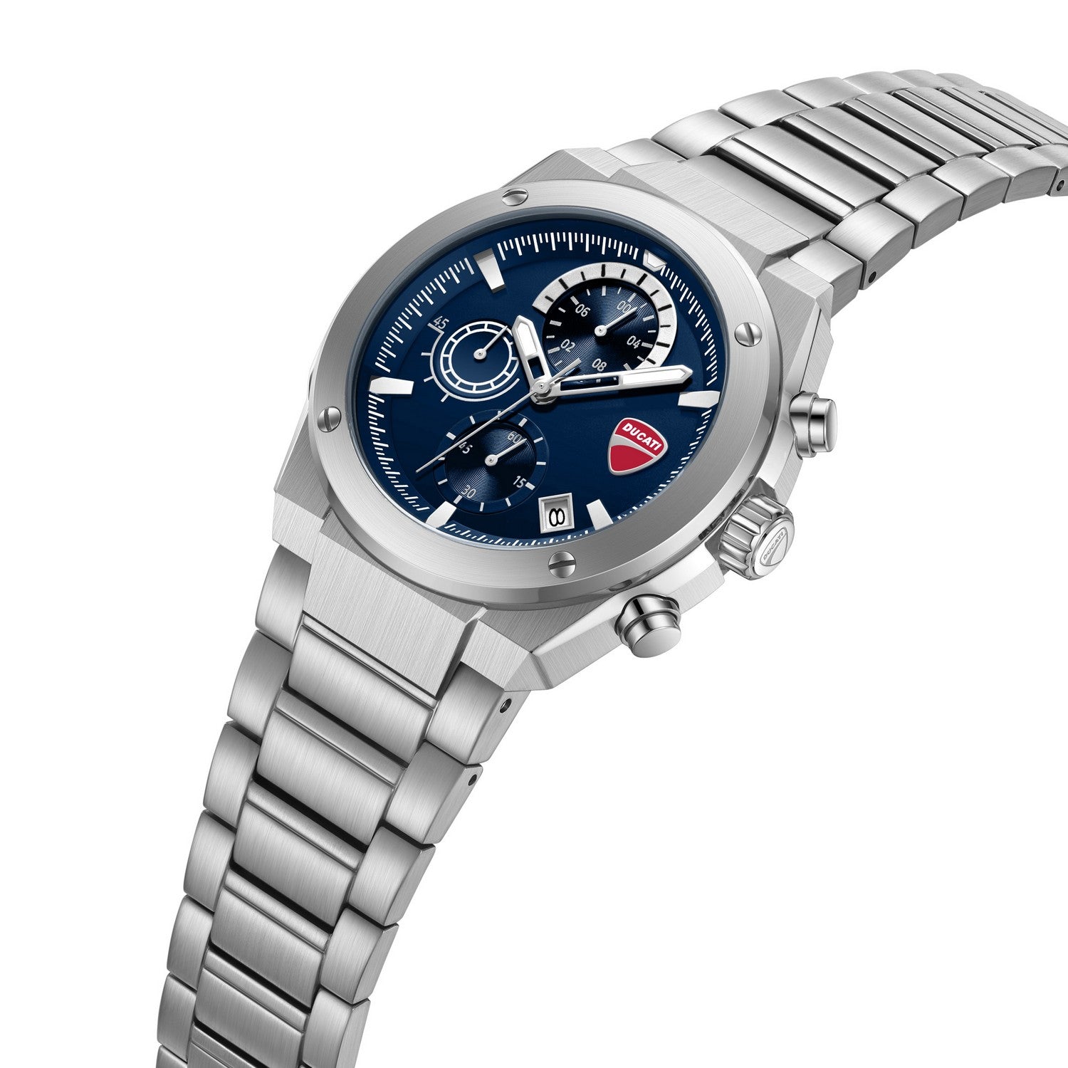 Silver watch with a blue dial on a white background