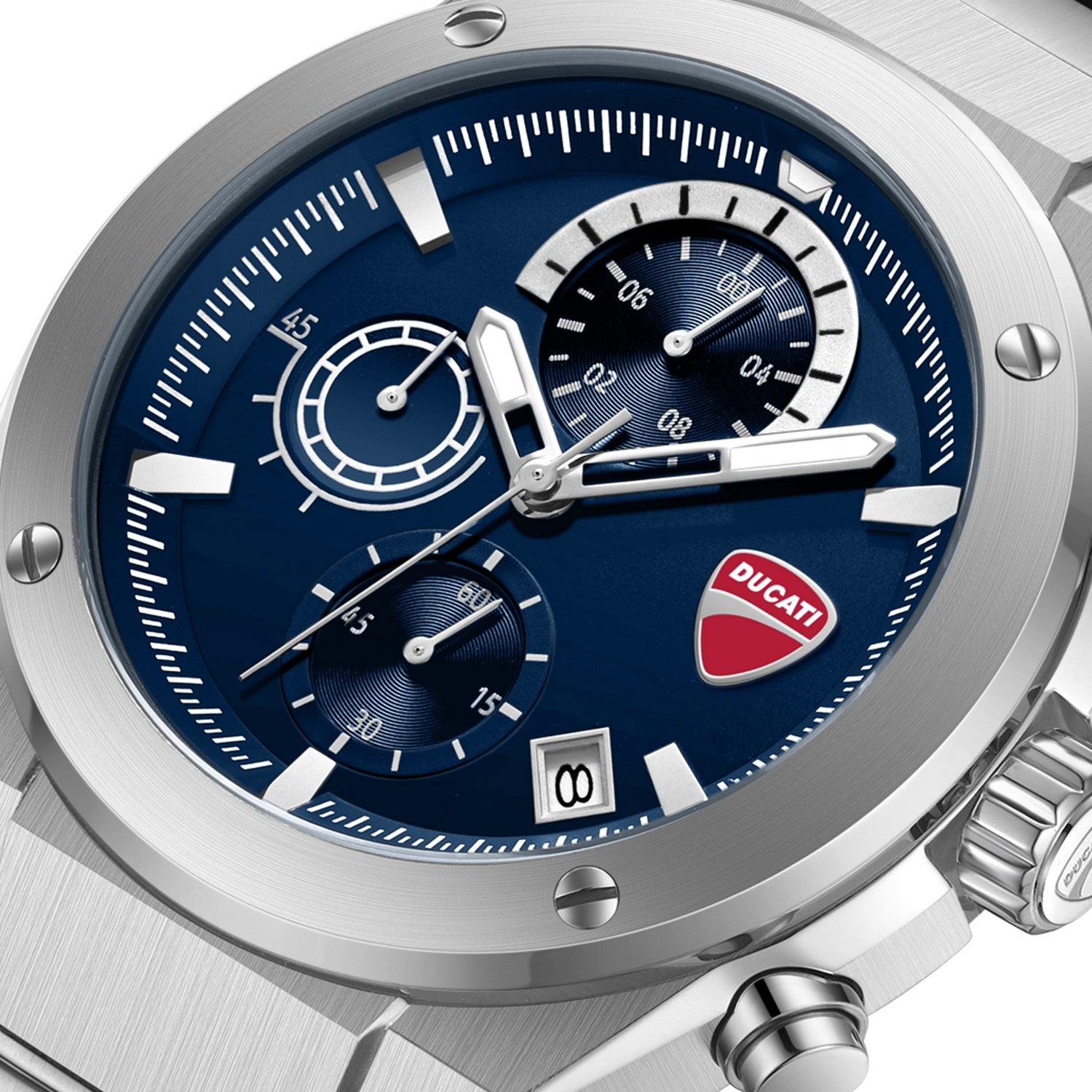 Ducati watch with blue dial and silver case on a white background