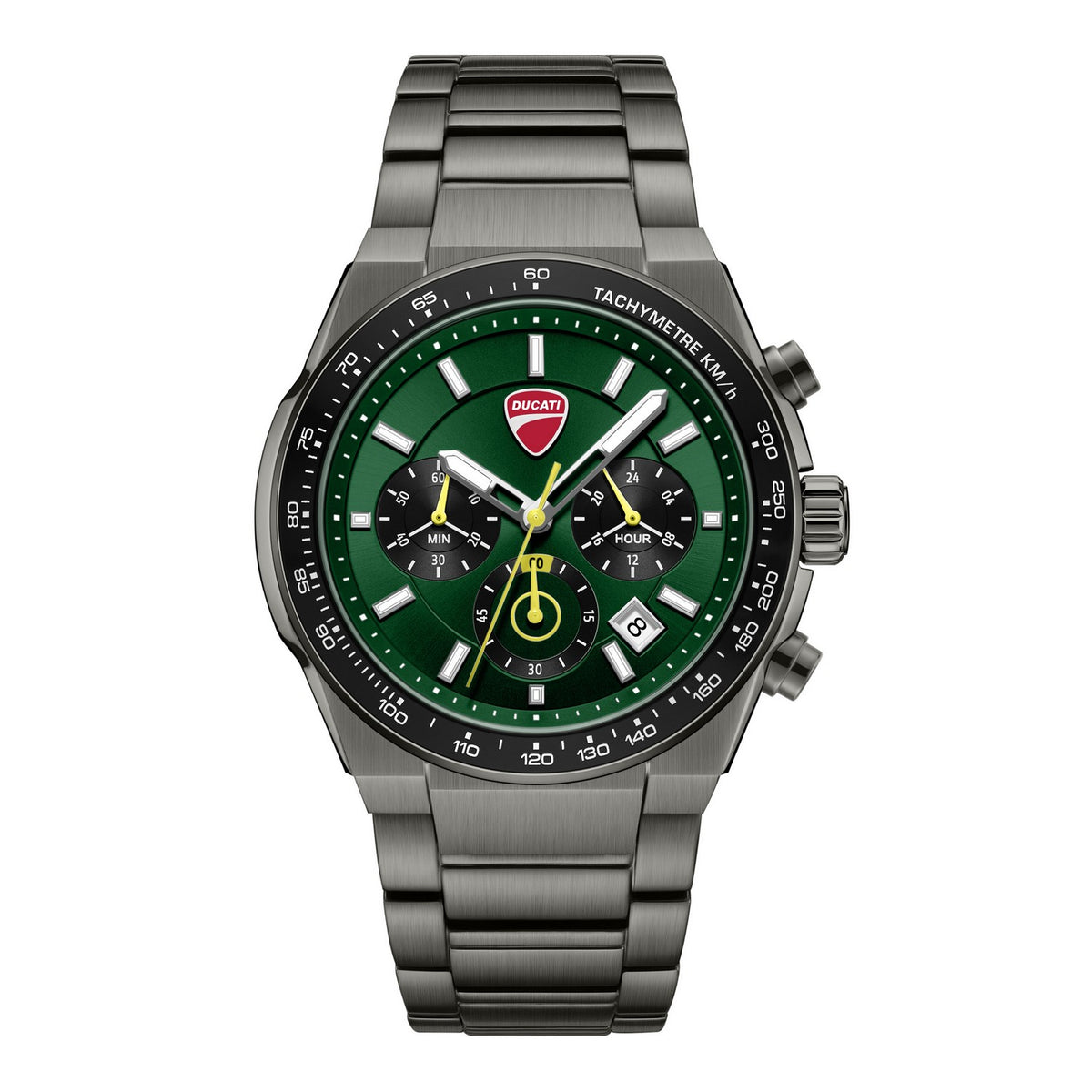 Ducati watch with green dial and silver metal strap on white background