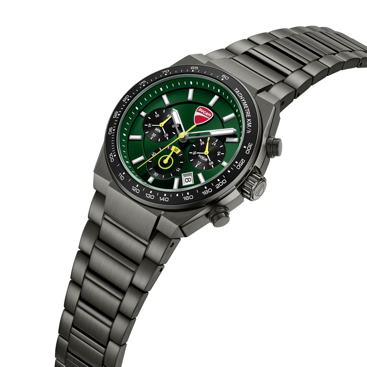 Silver watch with a green dial on a white background