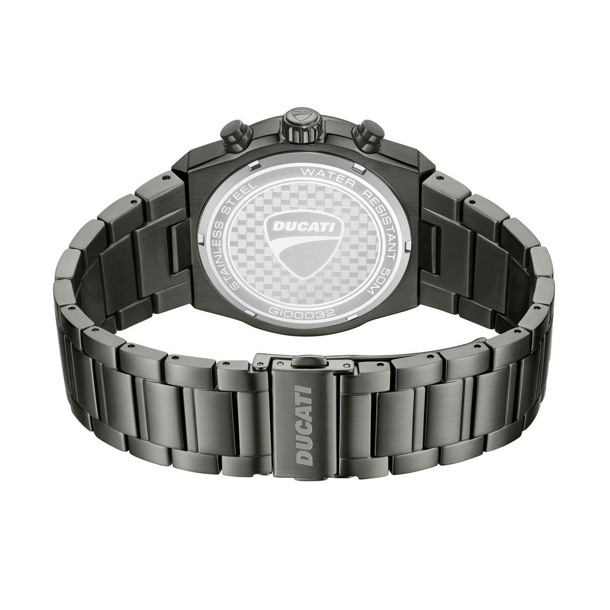 Ducati watch with black metal strap on a white background
