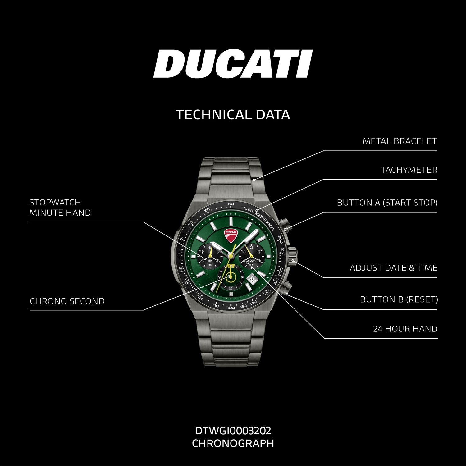Ducati watch with technical features labeled on a black background