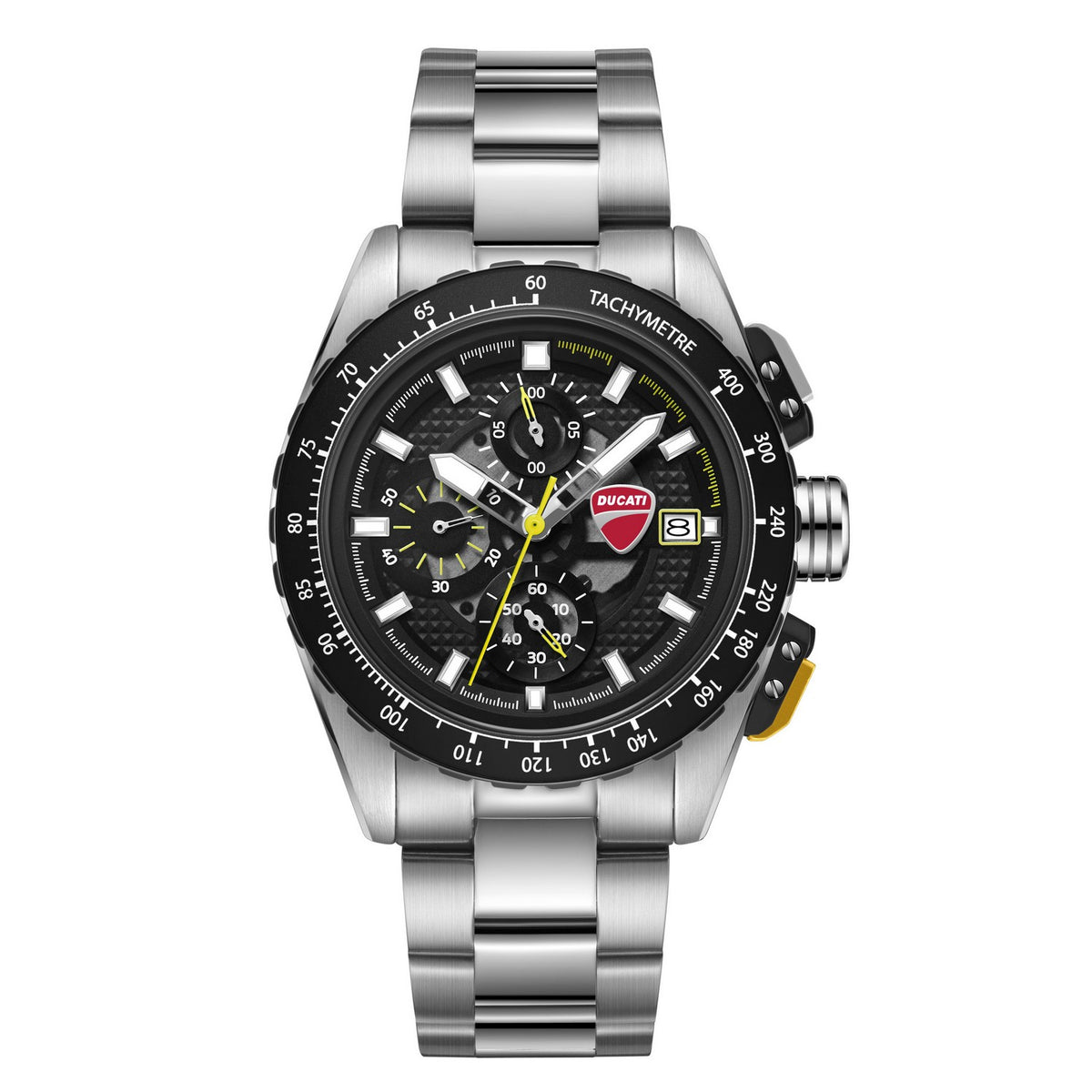 Silver and black watch with tachymeter scale on a white background