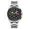 Silver and black watch with tachymeter scale on a white background