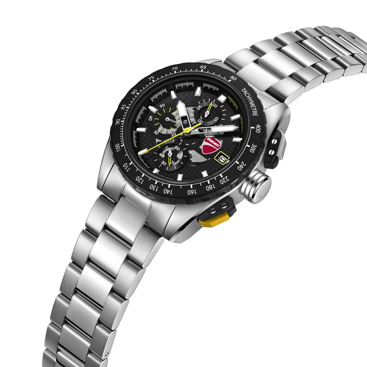 Silver wristwatch with a detailed black face on a white background