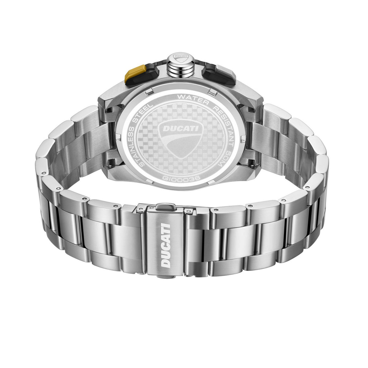 Silver Ducati watch with a white face on a white background