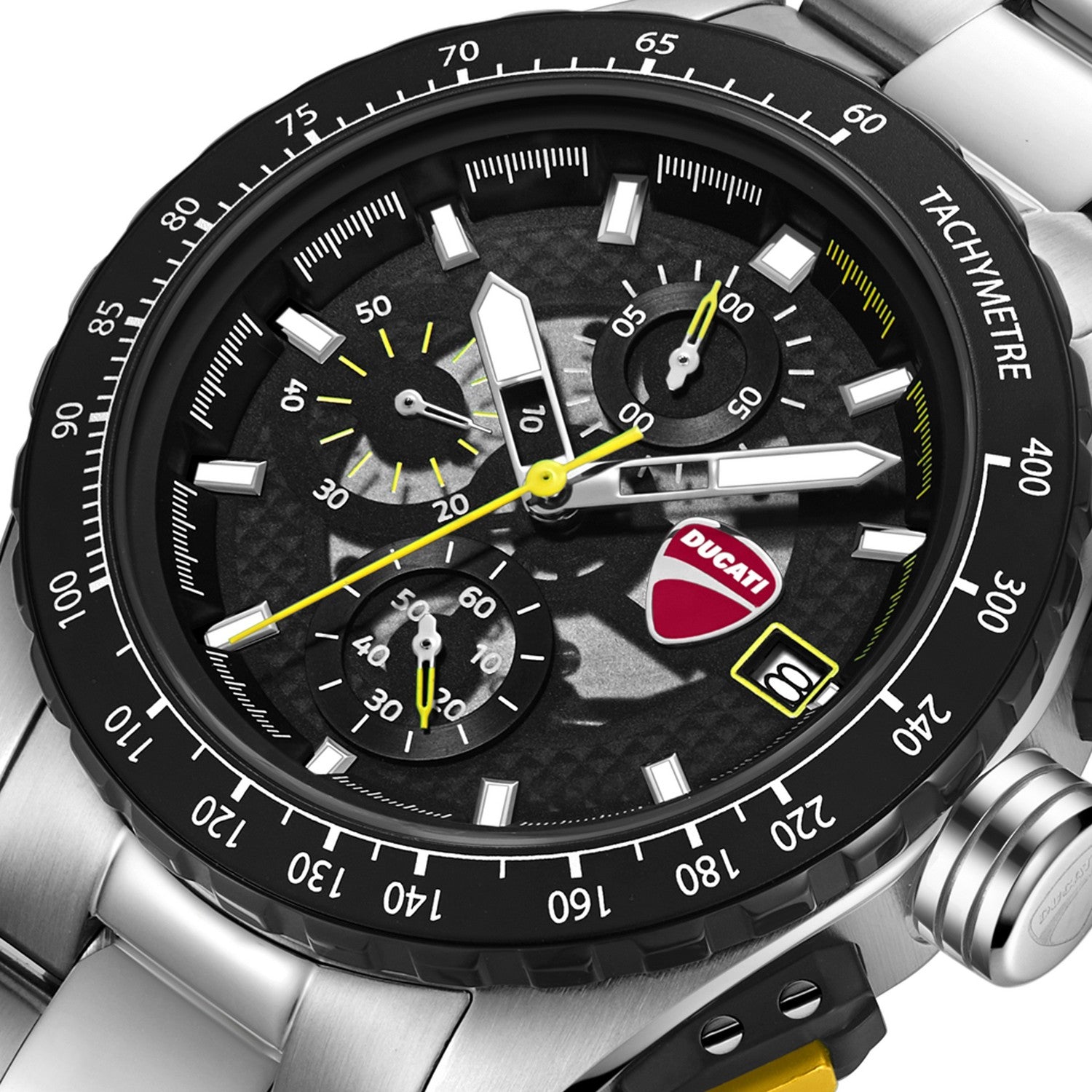 Silver and black watch with tachymeter scale on a white background