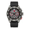 Black and gray watch with red accents on a white background