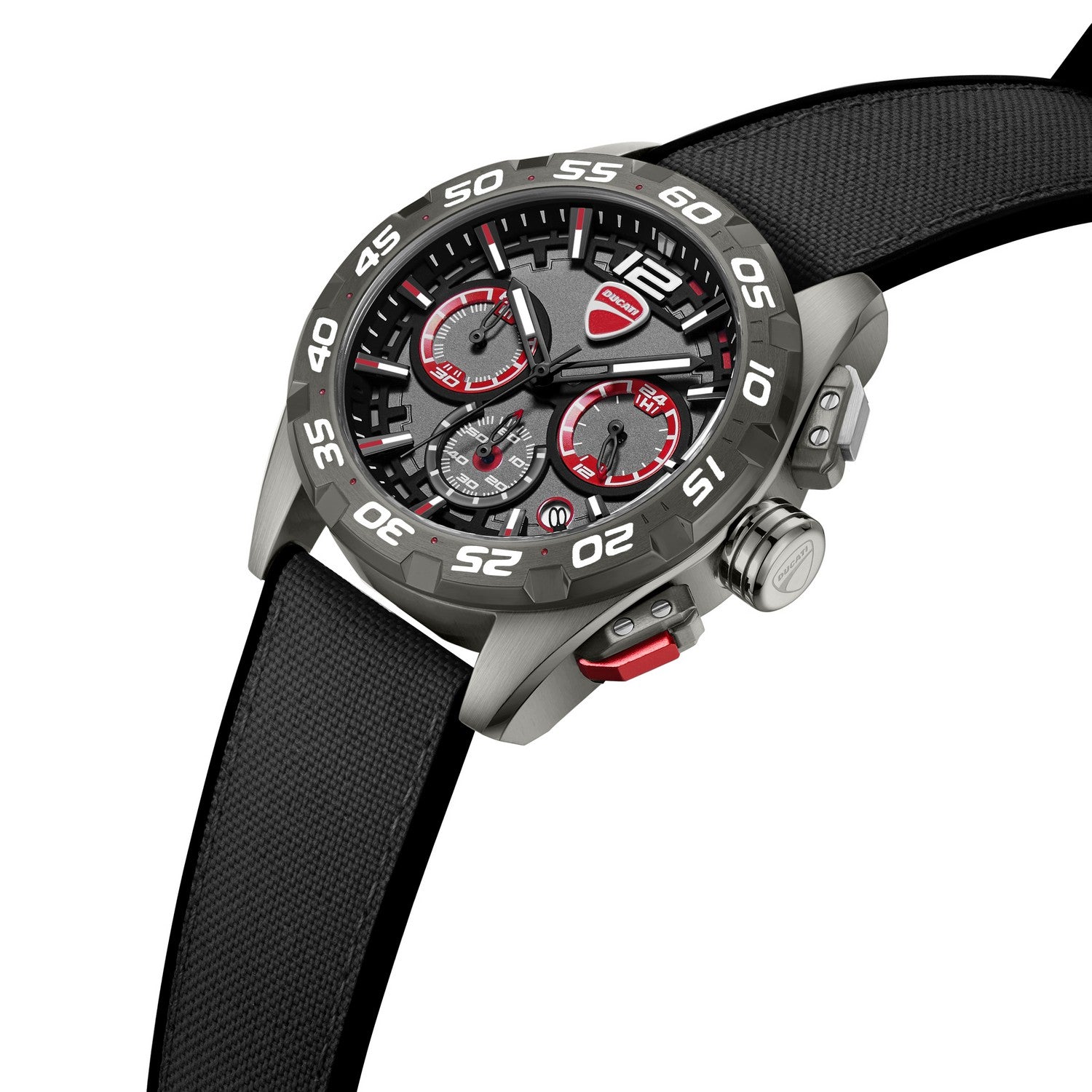 Black and gray watch with red accents on a white background