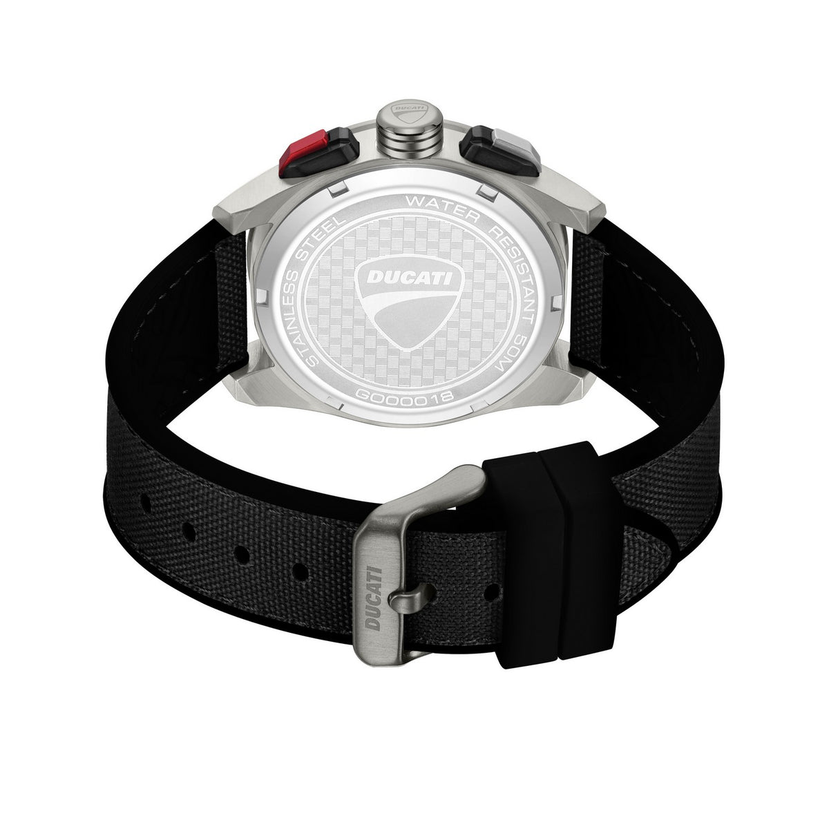 Ducati watch with black strap on a white background