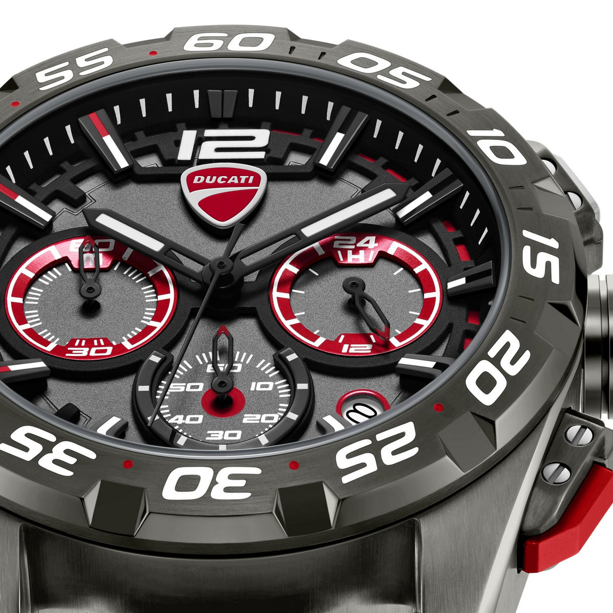 Ducati watch with a detailed face and red accents on a white background
