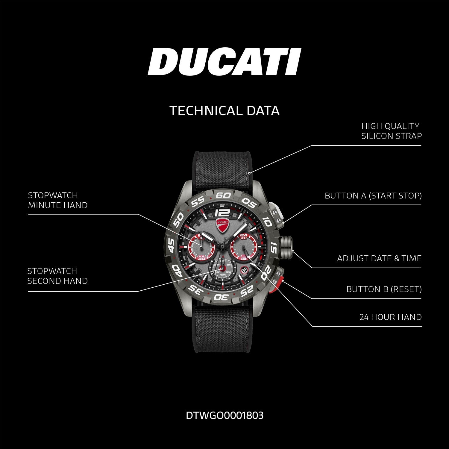 Ducati watch with technical features labeled on a black background