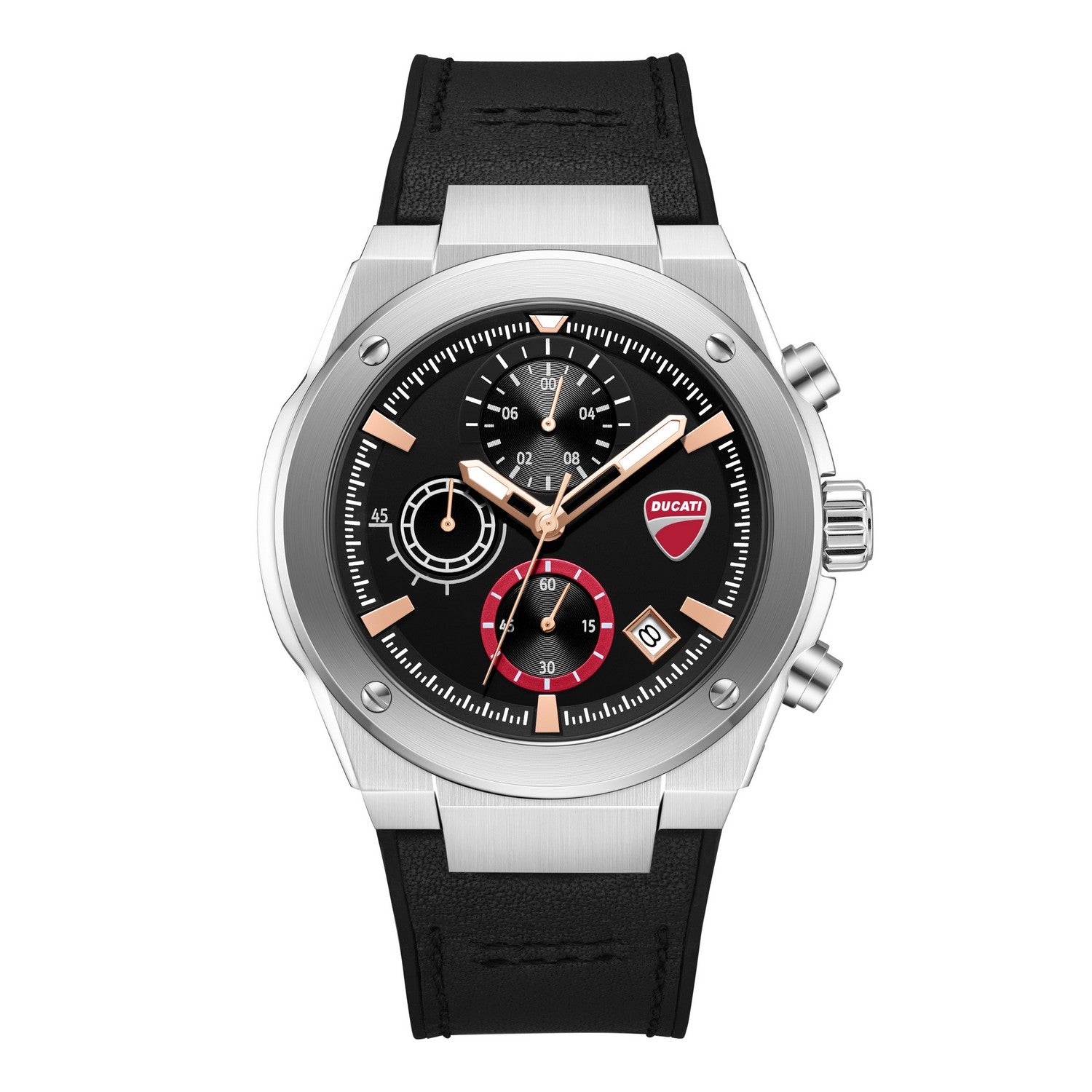 Watch with black strap and detailed face on a white background