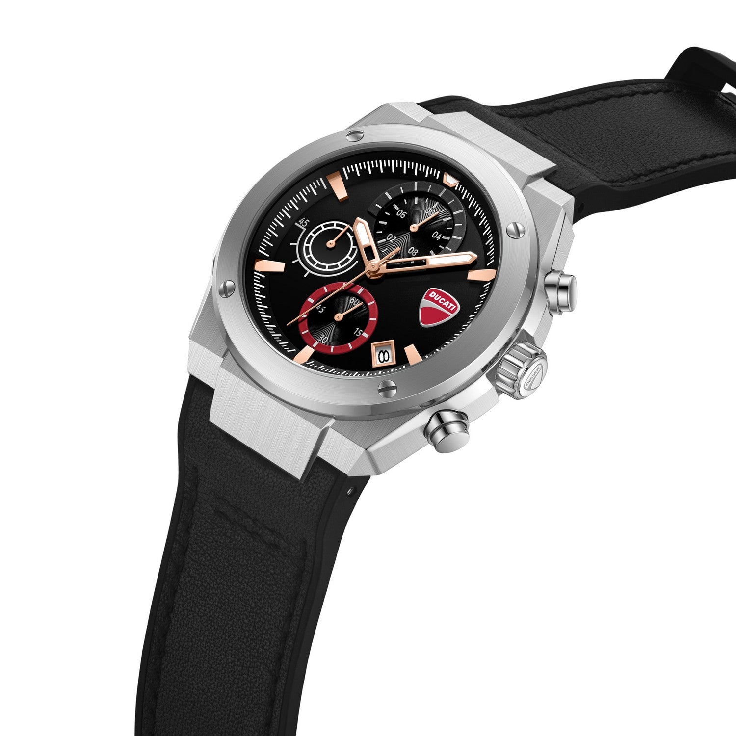 Watch with black strap and detailed face on a white background