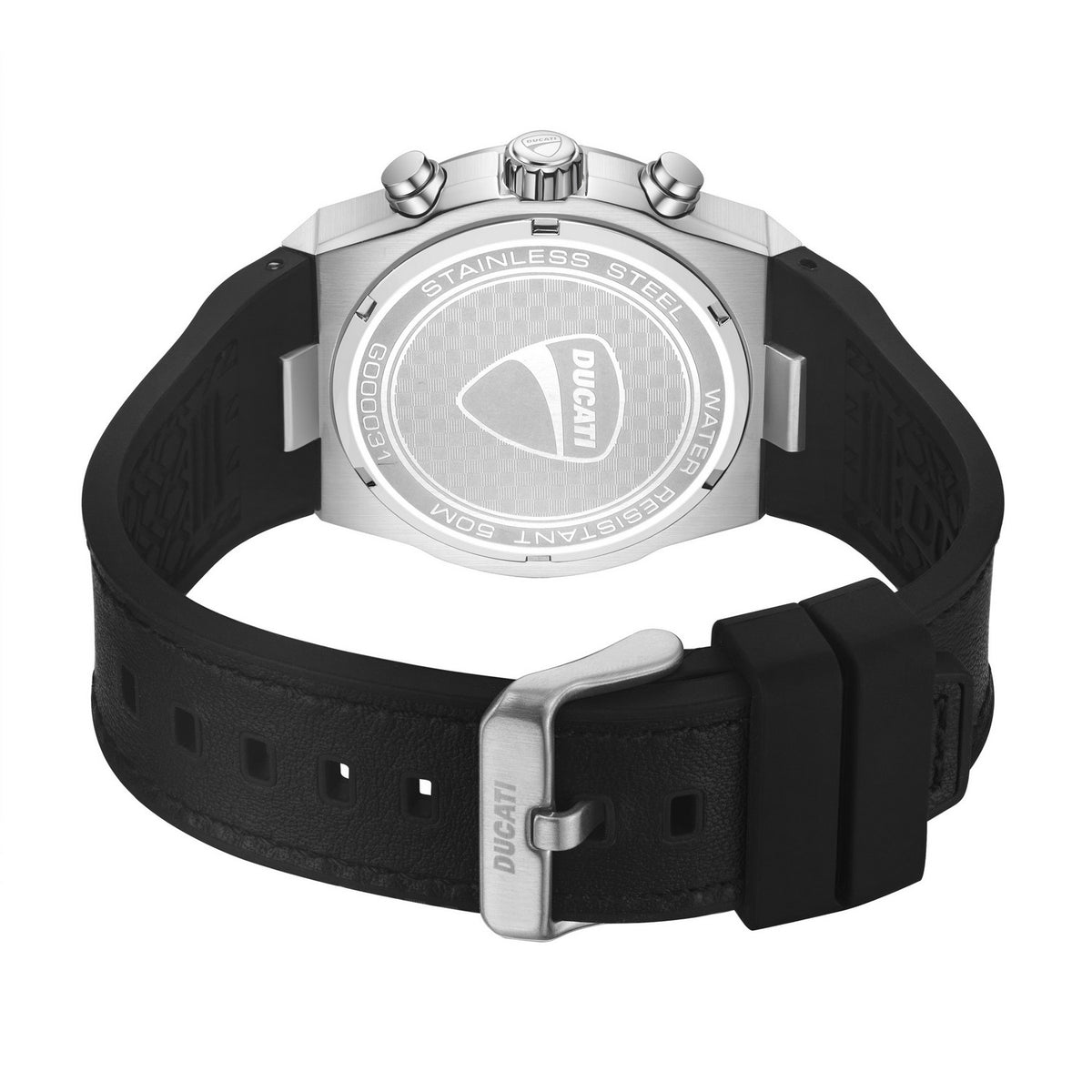 Ducati watch with black strap and silver case on a white background