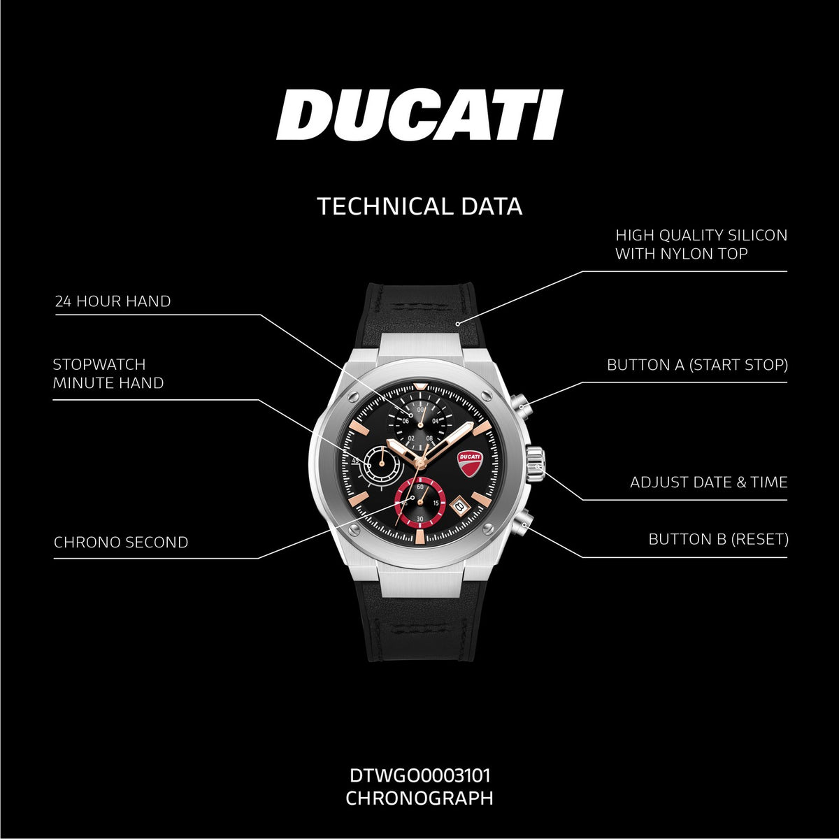 Ducati watch with technical features labeled on a black background