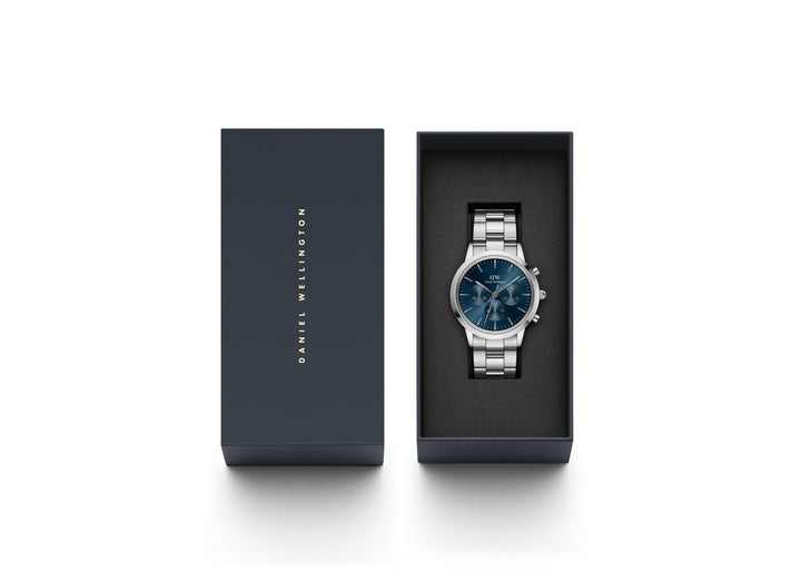 Daniel Wellington Iconic Chronograph Link 42mm Arctic Blue Silver Watch DW00100644