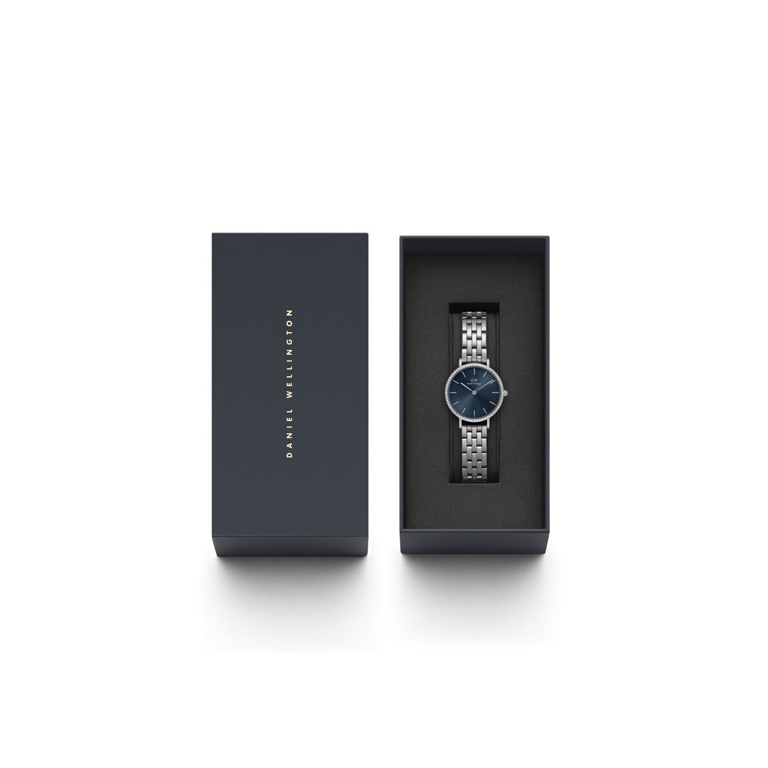 Daniel Wellington Petite Lumine Bezel 28mm Arctic Blue Silver Mesh Watch DW00100664