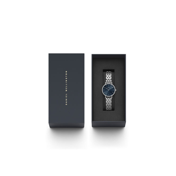 Daniel Wellington Petite Lumine Bezel 28mm Arctic Blue Silver Mesh Watch DW00100664